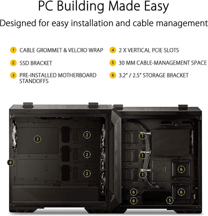 TUF Gaming GT501 Mid-Tower Gaming Case, EATX Support, Pre-Installed 4 Case Fans, USB 3.0 Front Panel, Smoked Tempered Glass, Steel Construction, 2 Year Warranty