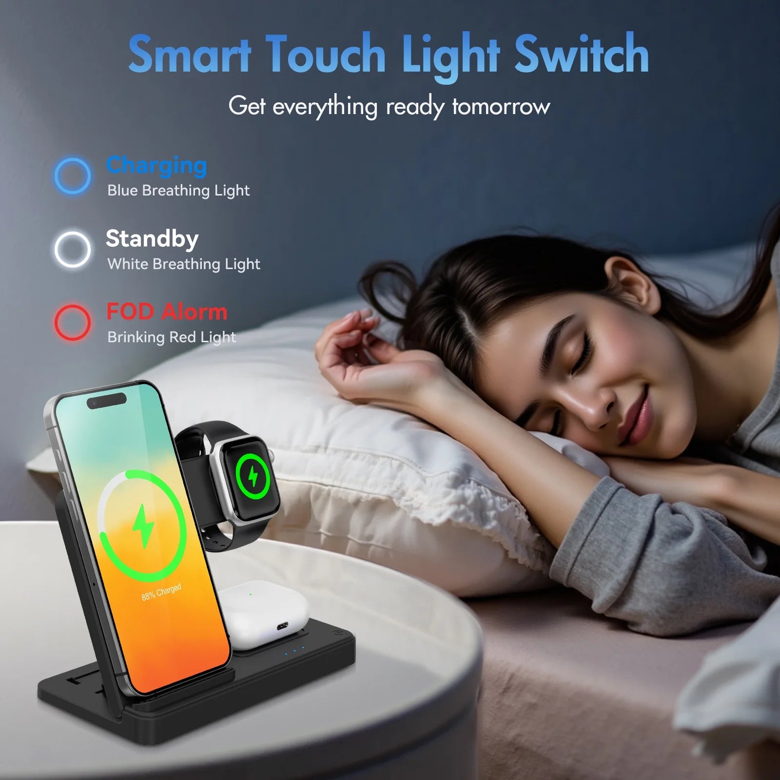 Wireless Charger for Iphone,3 in 1 Wireless Charging Station for Iphone 17 16 15 14 13 12 11 Pro Max plus XS XR X 8,For Iwatch 9 8 7 6 5 4 3 2 Se,For Airpods 3 2 Pro,Blue,No Adapter