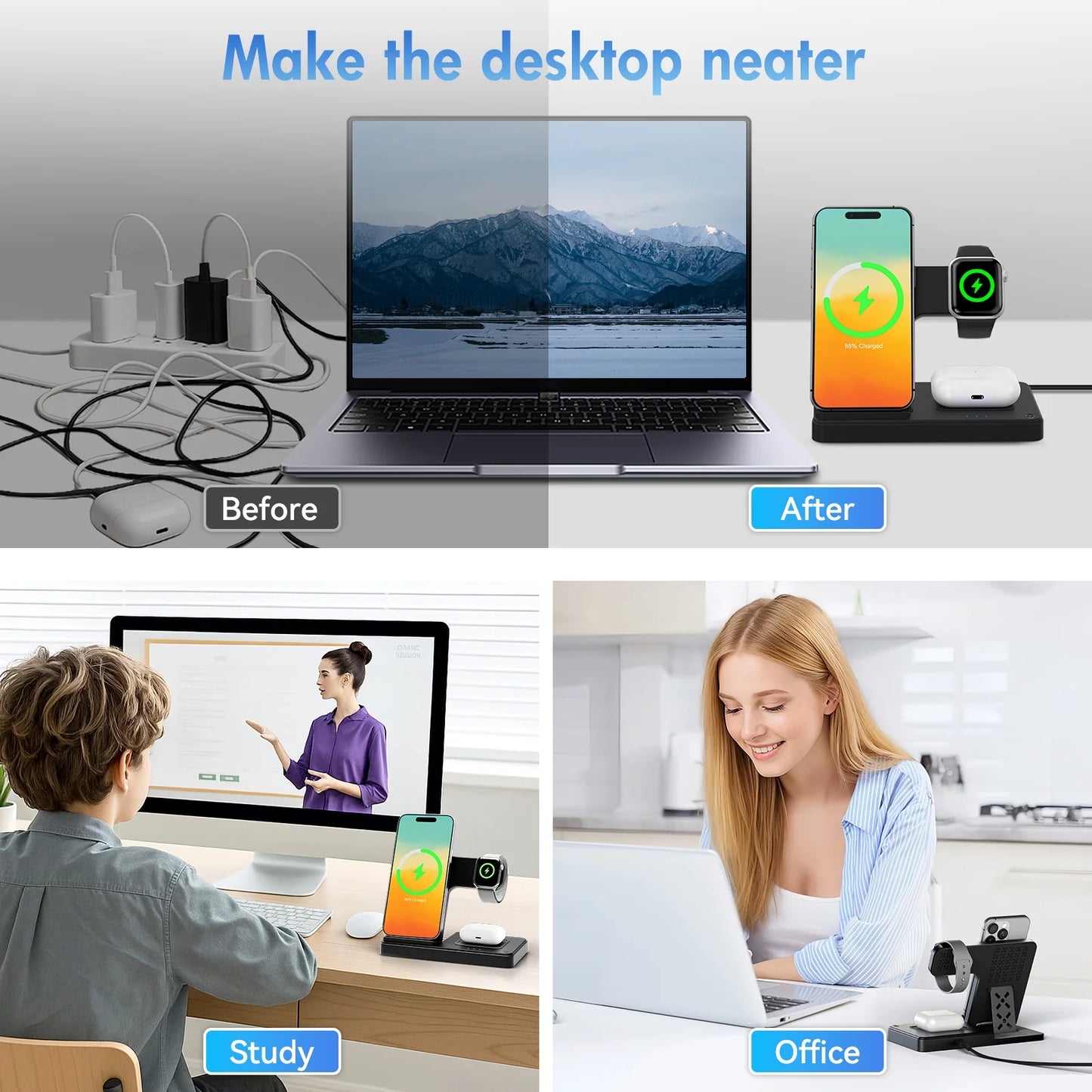 Wireless Charger for Iphone,3 in 1 Wireless Charging Station for Iphone 17 16 15 14 13 12 11 Pro Max plus XS XR X 8,For Iwatch 9 8 7 6 5 4 3 2 Se,For Airpods 3 2 Pro,Blue,No Adapter